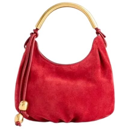 Elegant Red Suede Hobo Bag With Gold Handle